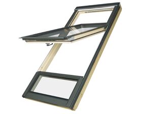 Dachfenster FAKRO FDY-V/U U3 FSC Duet ProSky : Holzfenster mit höher versetzter Schwingachse un unterem Festelement