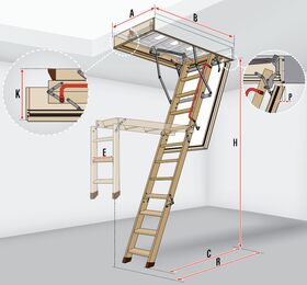 Bodentreppen FAKRO LWF 60, mehrteilige Bodentreppe aus Holz mit brandschutz Öffnungsklappe