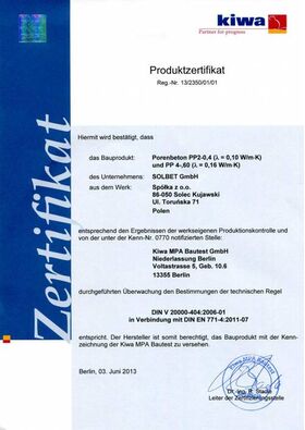 Cellular concrete SOLBET PP2-035 according to german norm DIN V 4108-4